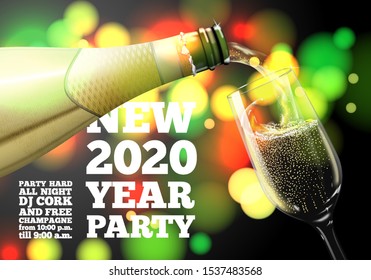 Vector New Year Banner with transparent champagne glass and bottle on bright background with blurred xmas tree.