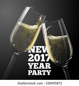 Vector New Year Banner with transparent champagne glasses.