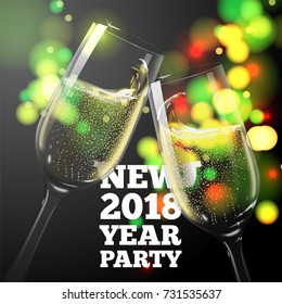 Vector New Year Banner with transparent champagne glasses on bright background with blurred xmas tree.