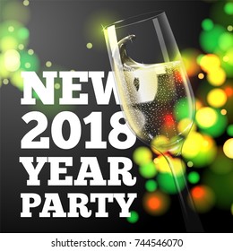 Vector New Year Banner with transparent champagne glass on bright background with blurred xmas tree.