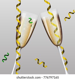 Vector New Year Banner with Two different isolated champagne glasses for Christmas design template. Vector illustration of Happy New Year card.
