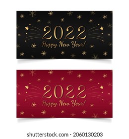 Vector new year banners with 2022 numbers and Happy New Year text. Gold isolated elements of luxury holiday decor. Elegance shiny decoration for winter holidays. 
