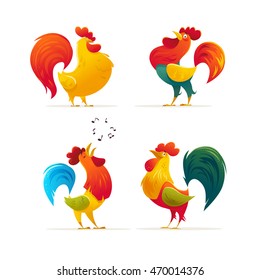 Vector New Year bird symbol design. Rooster, cock portrait cartoon illustration. Holiday card design element. Merry Christmas, happy New Year memory card, advertisement design. Chinese year symbol.