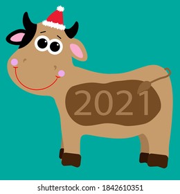 Vector new year bull with the number of the year. For printing on wrapping paper, clothing, postcards, bedding and notebooks. Bull symbol of the year in a hat