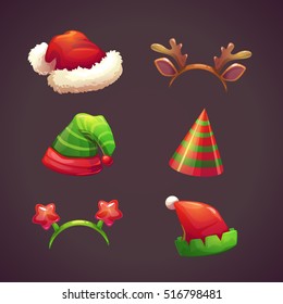 Vector New Year caps set. Santa's and elf's hat, deer's horn for masquerade costumes. Funny holiday headdress elements. Vector icons.