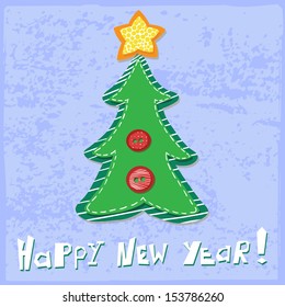 Vector new year car with christmas tree and bright star on the blue background