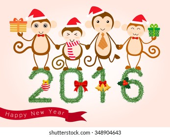 Vector for new year card 2016. Year of the monkey with four cute monkey characters standing on 2016 figures created from pine branches.