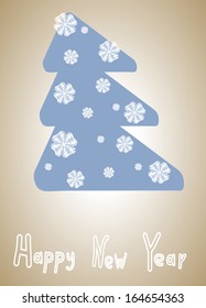 A vector New Year card with a blue silhouette of a fir tree and white snowflakes