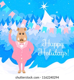 Vector new year card of boar in pink suit in the winter forest. Text happy holidays.
