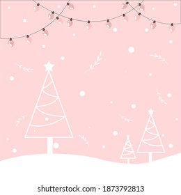 Vector New Year card with cartoon garlands, falling snow and Christmas trees on a pink background.