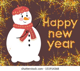 Vector new year card with cute snowman and sparklers