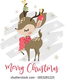 Vector New Year card. Cute deer, snowflakes.