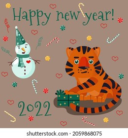 Vector New Year card with cute tiger picture with gift box, snowman, caramel and hearts. Background for cards, posters, invitations and stationery.