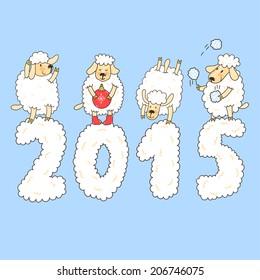 Vector new year card with cute four sheep and number "2015". 