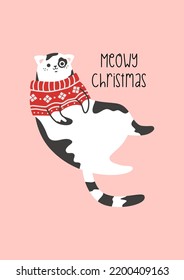 Vector New Year card. Cute cat sitting in a red Christmas sweater. Cute New Year cat 