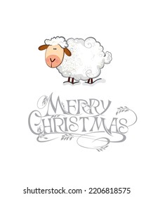 Vector new year card with cute sheep and text "Merry Christmas ". Winter holiday background with cute hand drawing character.