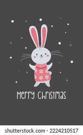 Vector New Year card. Cute hare in a New Year sleeveless jacket. Bunny under the snow. The inscription Merry Christmas 
