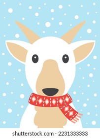 tarjeta vectorial de año nuevo con una cabra linda tejiendo la bufanda sobre el fondo de la nieve, fondo de vacaciones de invierno con animal de dibujos animados