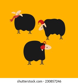 Vector new year card with cute three sheep with christmas hat