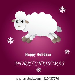 Vector new year card with cute sheep, snowflakes and text "Merry Christmas and happy new year". Winter holiday background with cute hand drawing character.