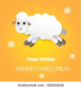 Vector new year card with cute sheep, snowflakes and text "Merry Christmas and happy new year". Winter holiday background with cute hand drawing character.