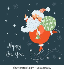 Vector New Year card. Dancing Santa Claus. Santa Claus on skates.