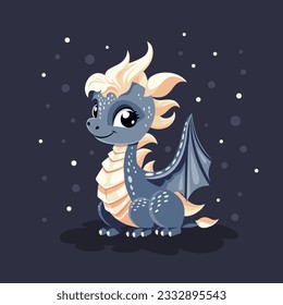 Vector New Year card in dark colors. Cute dragon symbol of 2024 