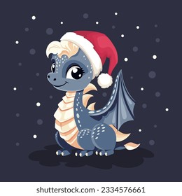 Tarjeta vectorial de Año Nuevo en colores oscuros. Símbolo de dragón blanco de 2024 . Un tierno dragón vestido con un sombrero navideño de Papá Noel. Ilustración del vector