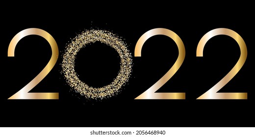 Vector. New Year card. Design templates with 2022 typographic logo. Christmas tree decorations. Realistic 3d background. Shiny golden confetti numbers, golden Christmas tree toy, glossy glitter glass.