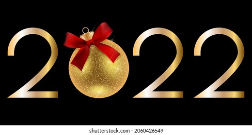 Vector. New Year card. Design templates with 2022 typographic logo. Christmas tree decorations. Realistic 3d background. Shiny golden confetti numbers, golden Christmas tree toy, glossy glitter glass.