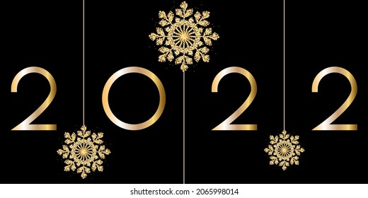 Vector. New Year card. Design templates with 2022 typographic logo. Christmas tree decorations. Realistic 3d background. Shiny golden numbers, golden Christmas tree toy, glossy glitter snowflake.