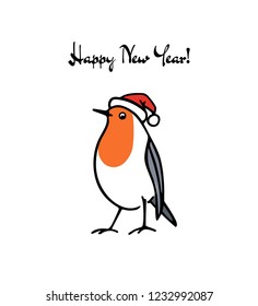Vector New Year card with hand drawn cute robin in Santa's hat. Ink drawing, beautiful animal design elements.