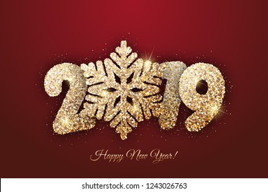 Vector New Year card - "Happy New Year 2019". New Year background with gold snowflake on red