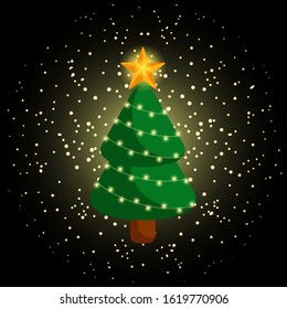Vector new year card. Happy New Year 2020. Festive tree with a star and a garland on a shiny luminous background