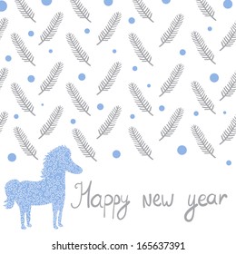Vector new year card with horse, floral elements and text "Happy new year"