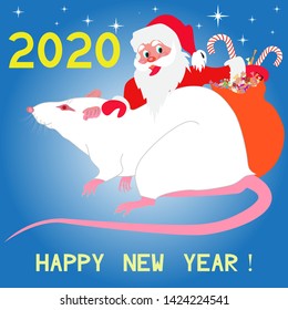 Vector New Year Card. In the image, Santa Claus with a gift bag and a white albino rat are a symbol of the coming 2020. New Year's Eve is lit by stars. In the picture there are two inscriptions: "2020