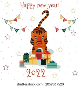 Vector New Year card. Image of a cute tiger with gift boxes, flags, stars and snow. Background for cards, posters, invitations and stationery. 