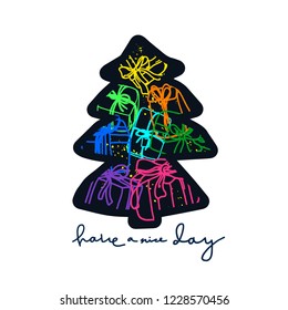Vector new year card, invite. Holiday tree shape Gift boxes in cartoon style. Doodle color ribbon, rainbow wrap, package. Symbol on white background. Art line illustration Neon sign, night fireworks