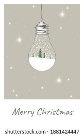 Vector New Year card. Light bulb with falling snow and Christmas trees on a grey background with the inscription Merry Christmas