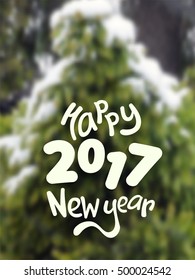 Vector new year card on blured Christmas-tree background