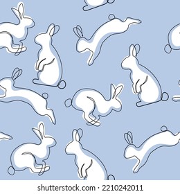 Vector New Year card with rabbits seamless pattern on a blue background. Symbol of the Chinese 2023 year. One line drawing.