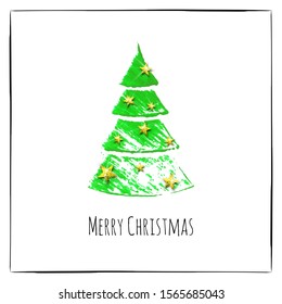 Vector New Year card with realistic hand drawn green fir tree and black text Merry Christmas. Grunge frame. Isolated on white background. 