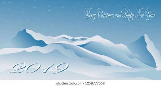 Vector New Year Card with Snowy Mountains and Falling Snowflakes