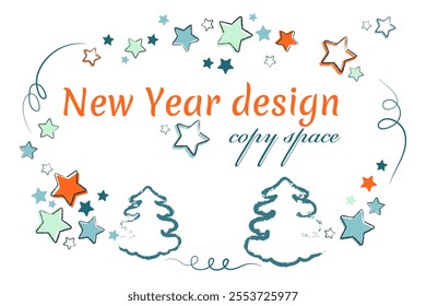 Vector New Year card template with space for copying. Textured Christmas trees and stars. Laconic stylish design flat style. Cute holiday greeting