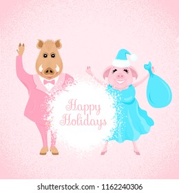 Vector new year card of a turquoise santa pig in dress and hat with bag and boar in suit on the pink textured background. Text happy holidays on the blot of white paint.