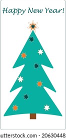 Vector New Year card. Turquoise Christmas tree with stars