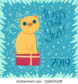 vector new year card with yellow pig sitting on present boxes and with lettering "Happy Oink Year!"