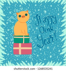 vector new year card with yellow pig sitting on present boxes and with lettering "Happy Oink Year!"