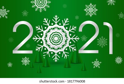 Vector for New Year Celebrate in paper cut style with number 2021 by the Snowflake replaced the 0 surrounded by the snow on green background