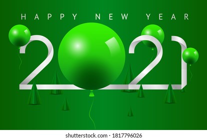 Vector for New Year Celebrate in paper cut style with number 2021 and replace the 0 by Green Balloon with text Happy New Year on green background